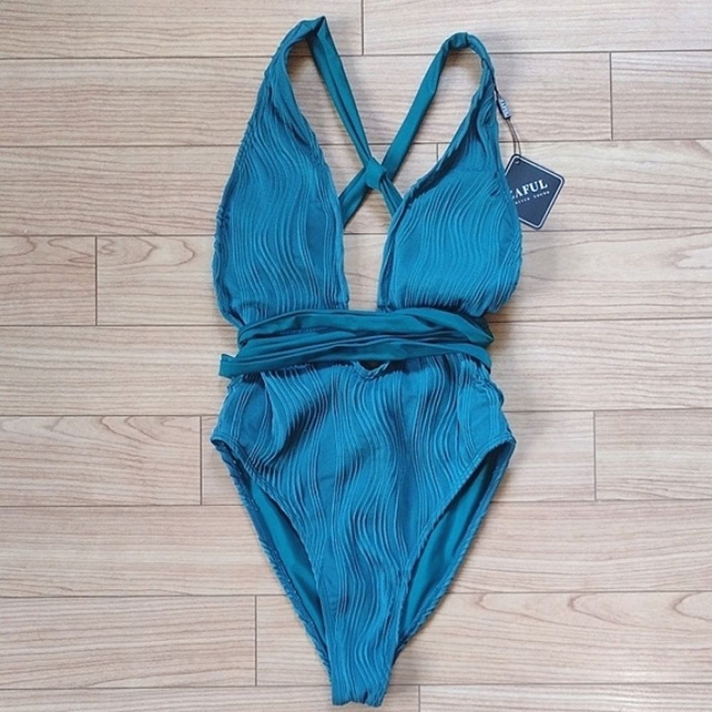 Zaful Teal Plunging Neckline Cross Tie Backless One Piece Swimsuit Size Small - Picture 3 of 11